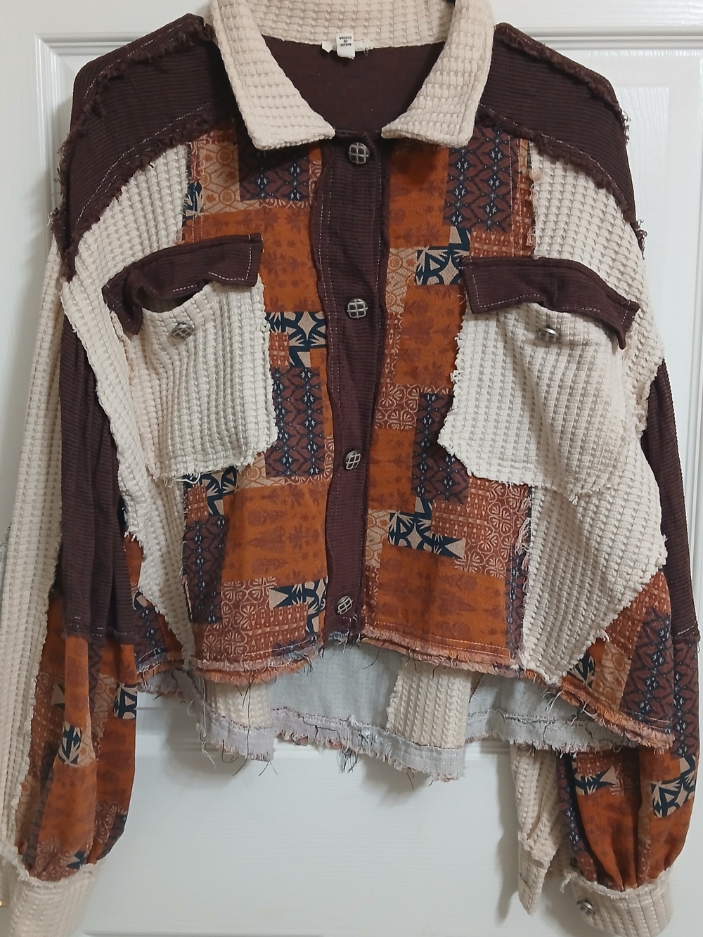 POL Mixed-Material Patchwork Utility Jacket in Brown, Cream & Rust
